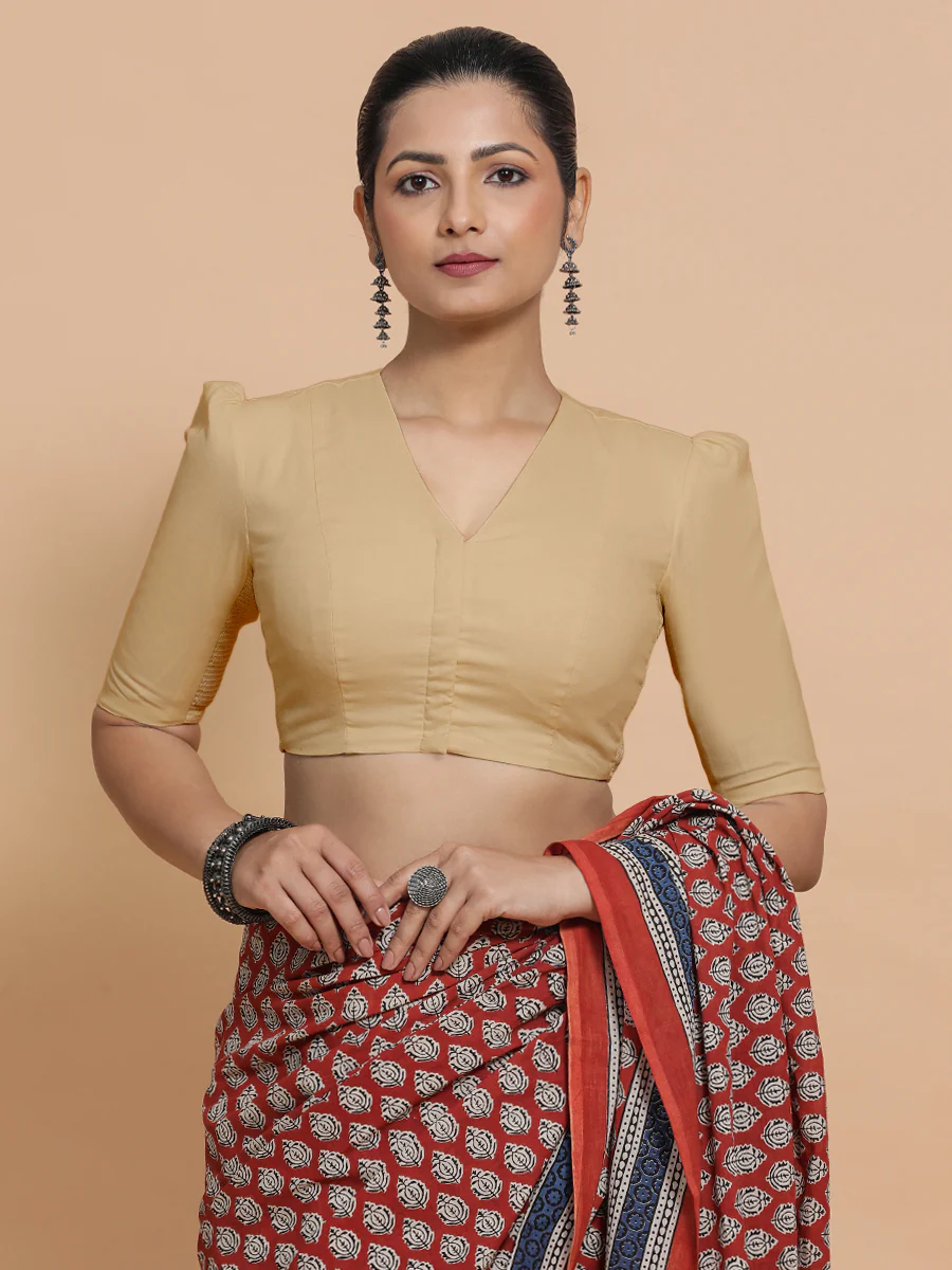 Rima x Rozaana | Puff Sleeves Saree Blouse in Ecru Beige Linen - Image 7