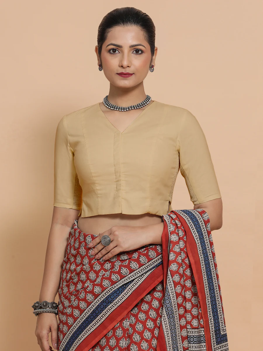 Rini x Rozaana | Elbow Sleeves Saree Blouse in Ecru Beige Linen - Image 5