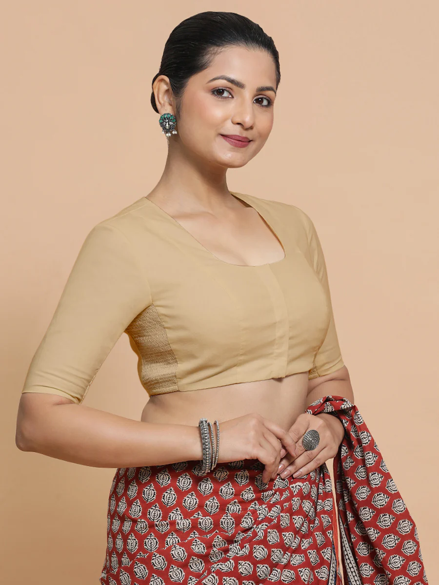 Sadia x Rozaana | Elbow Sleeves Saree Blouse in Ecru Beige Linen - Image 6