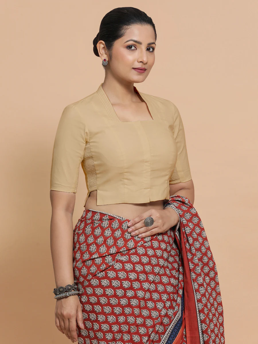 Saloni x Rozaana | Stylised Neck Saree Blouse in Ecru Beige Linen - Image 8