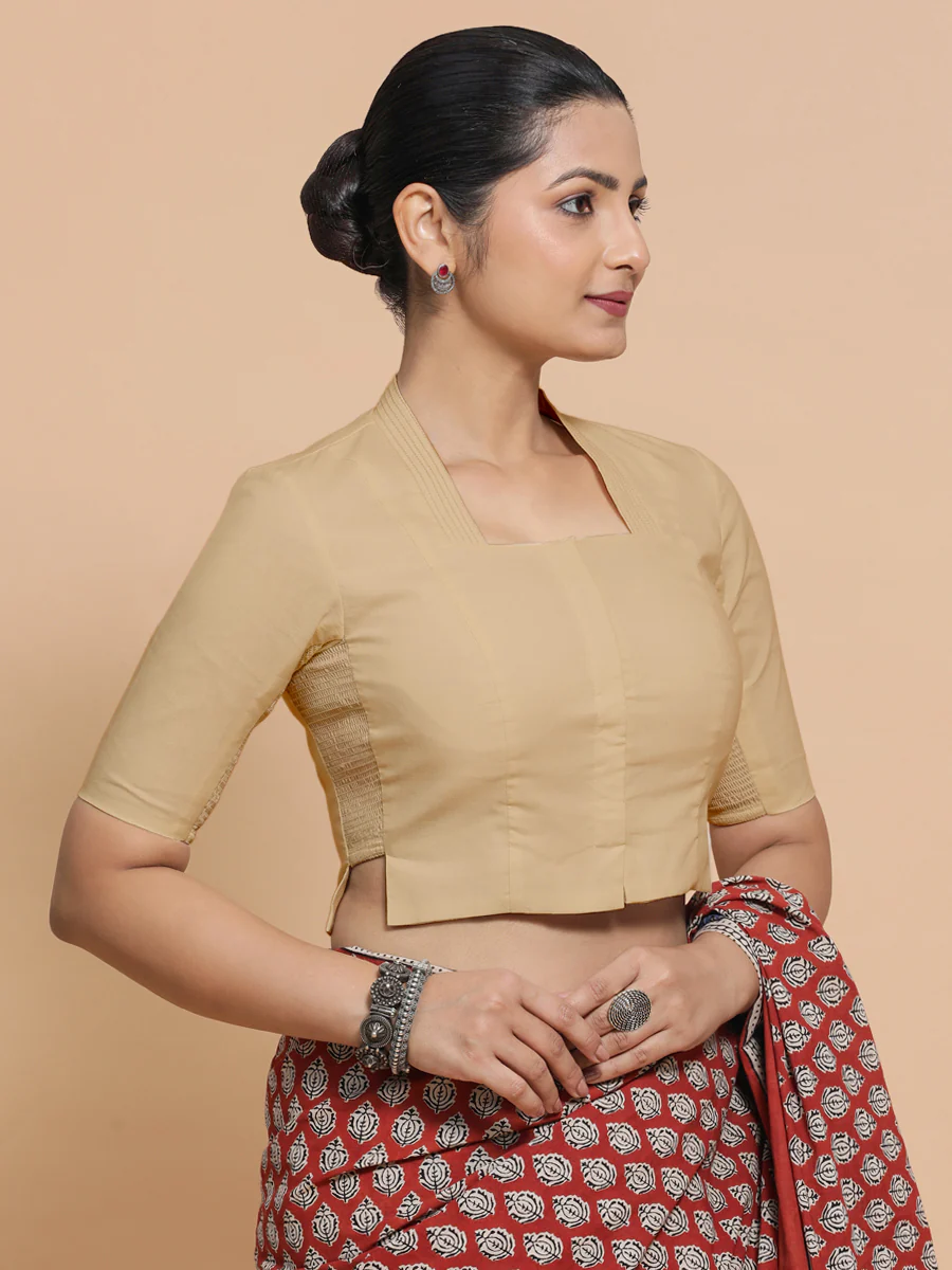 Saloni x Rozaana | Stylised Neck Saree Blouse in Ecru Beige Linen - Image 9