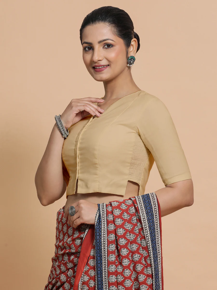 Seema x Rozaana | Elbow Sleeves Saree Blouse in Ecru Beige Linen