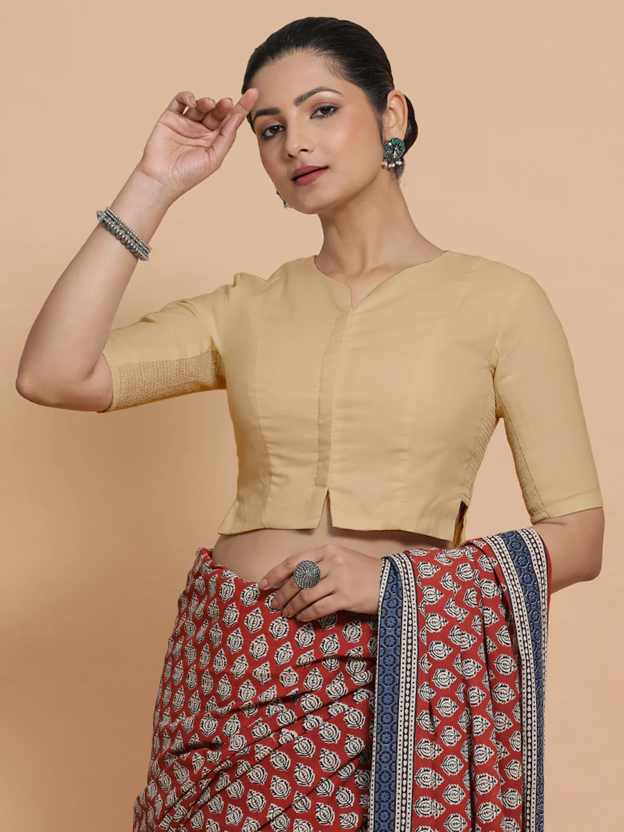 Seema x Rozaana | Elbow Sleeves Saree Blouse in Ecru Beige Linen - Image 6