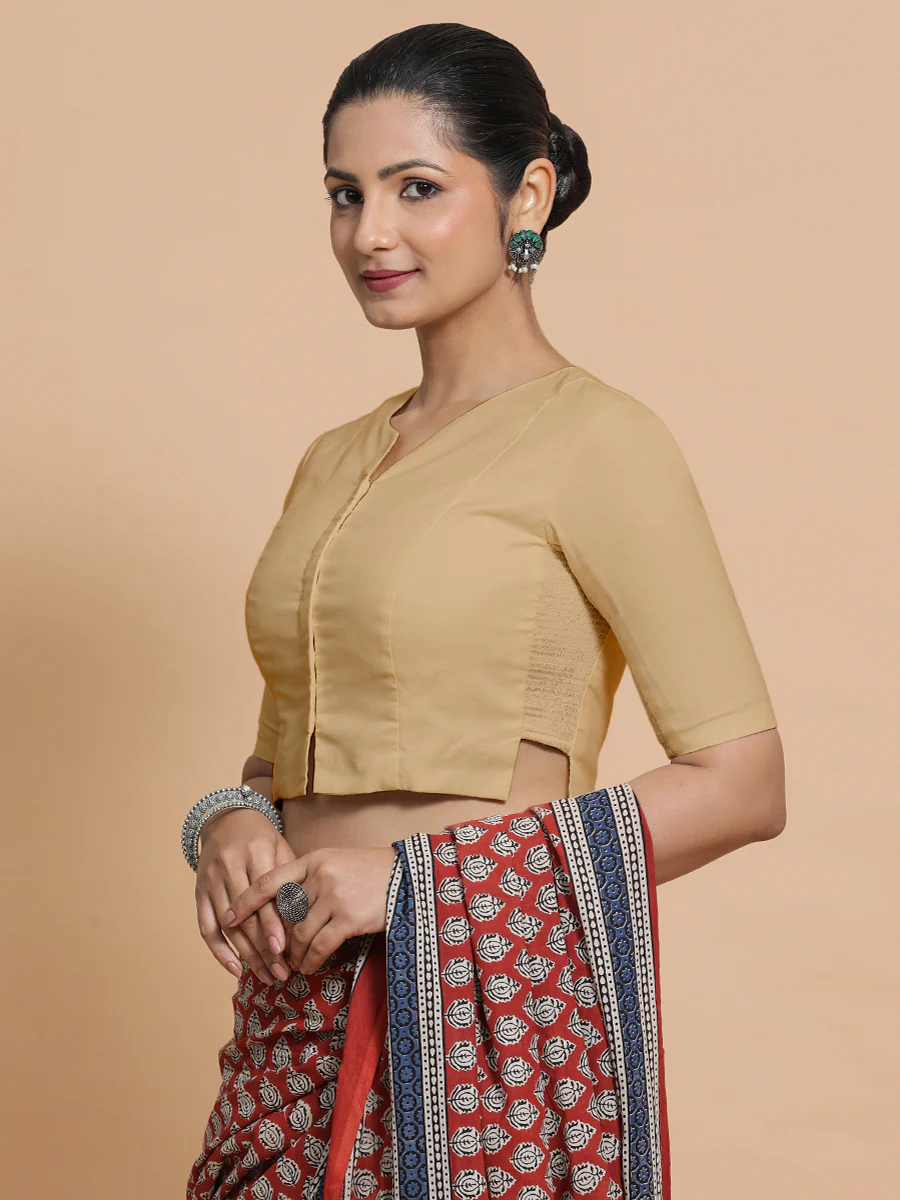 Seema x Rozaana | Elbow Sleeves Saree Blouse in Ecru Beige Linen - Image 7
