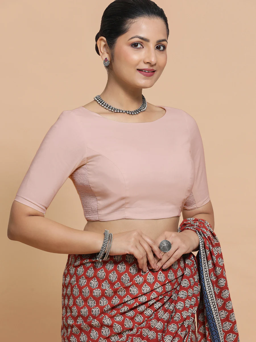 Alka x Rozaana | Boat Neck Saree Blouse in Misty Pink Linen