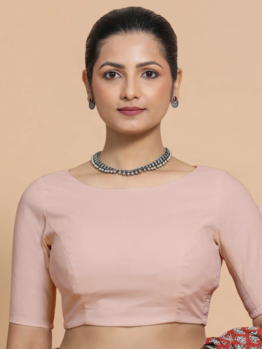 Alka x Rozaana | Boat Neck Saree Blouse in Misty Pink Linen - Image 6
