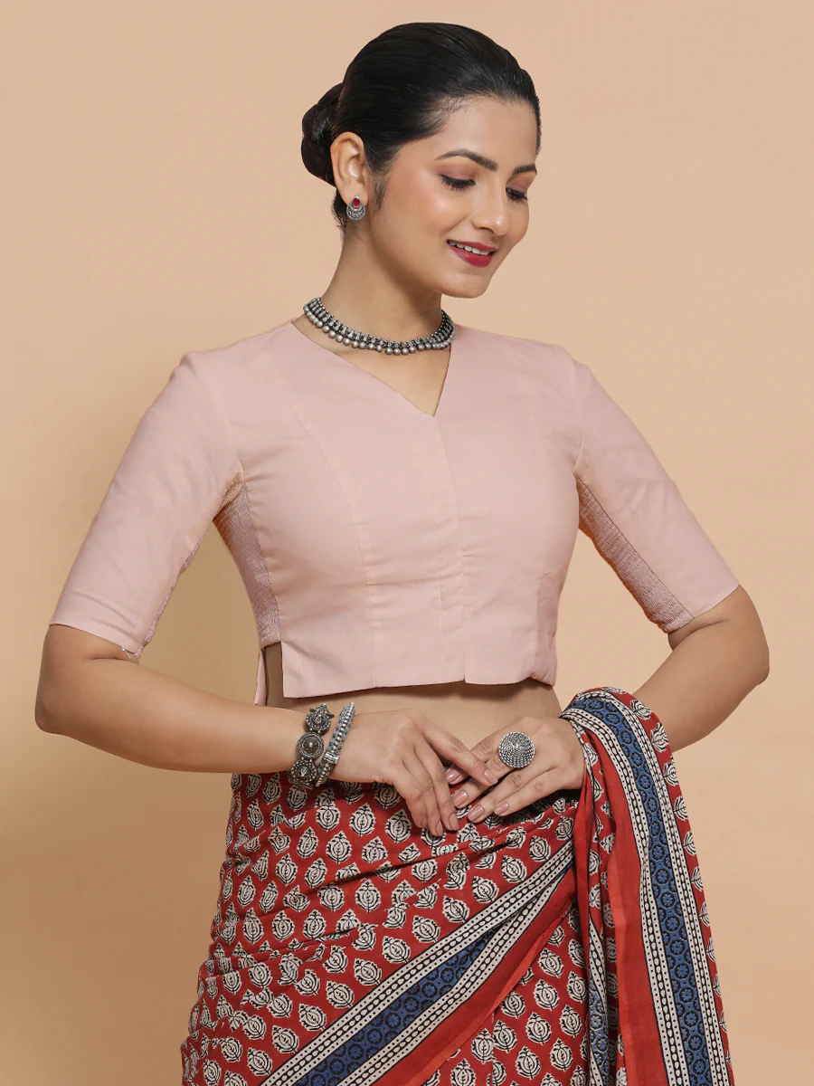 Rini x Rozaana | Elbow Sleeves Saree Blouse in Misty Pink Linen