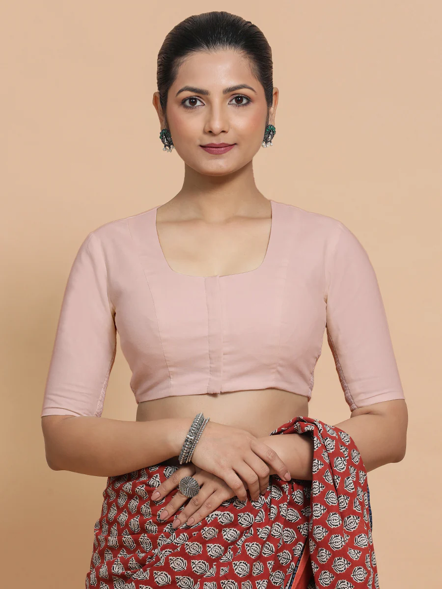 Sadia x Rozaana | Elbow Sleeves Saree Blouse in Misty Pink Linen