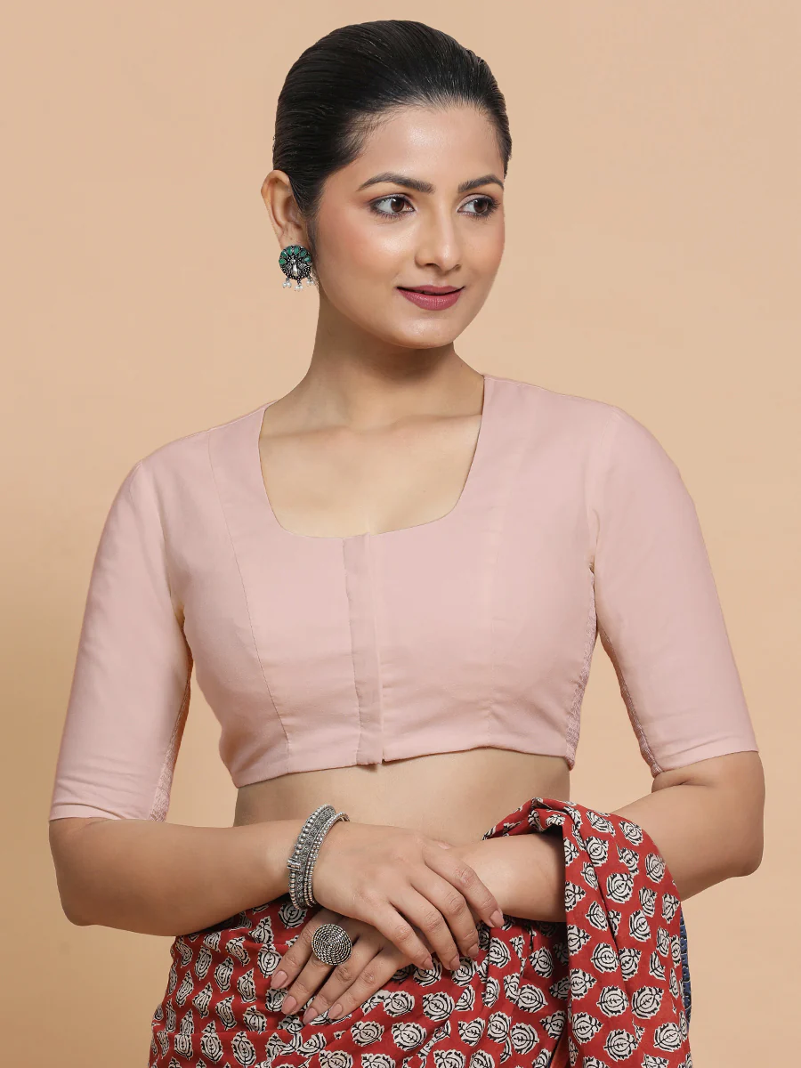 Sadia x Rozaana | Elbow Sleeves Saree Blouse in Misty Pink Linen - Image 12
