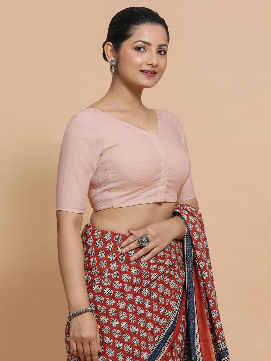 Sonia x Rozaana | Elbow Sleeves Saree Blouse in Misty Pink Linen