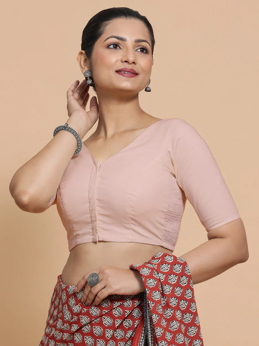 Sonia x Rozaana | Elbow Sleeves Saree Blouse in Misty Pink Linen - Image 12
