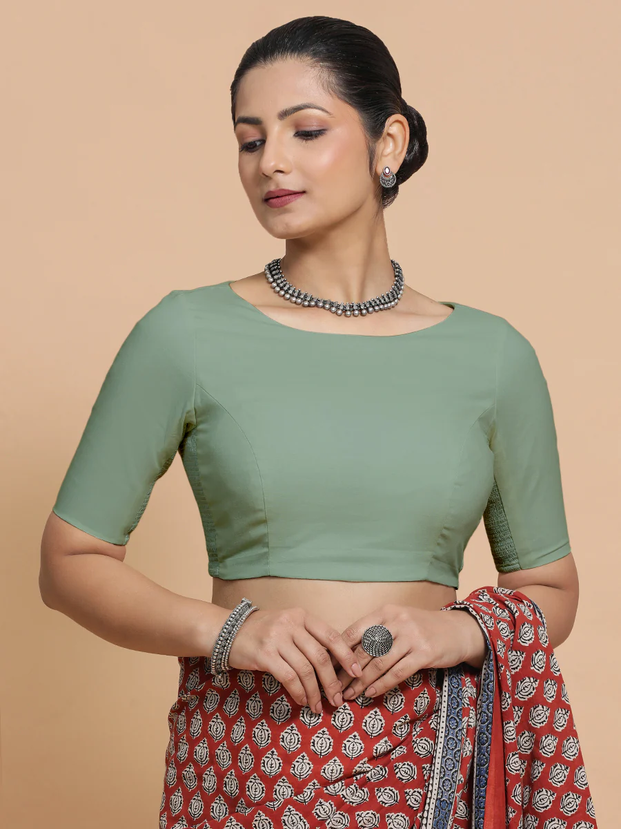 Alka x Rozaana | Boat Neck Saree Blouse in Peppermint Green Linen - Image 11