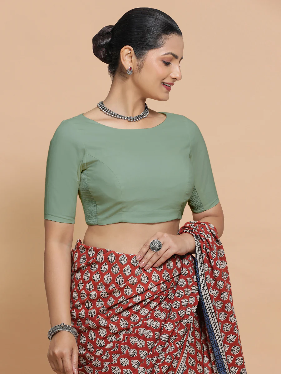 Alka x Rozaana | Boat Neck Saree Blouse in Peppermint Green Linen - Image 8