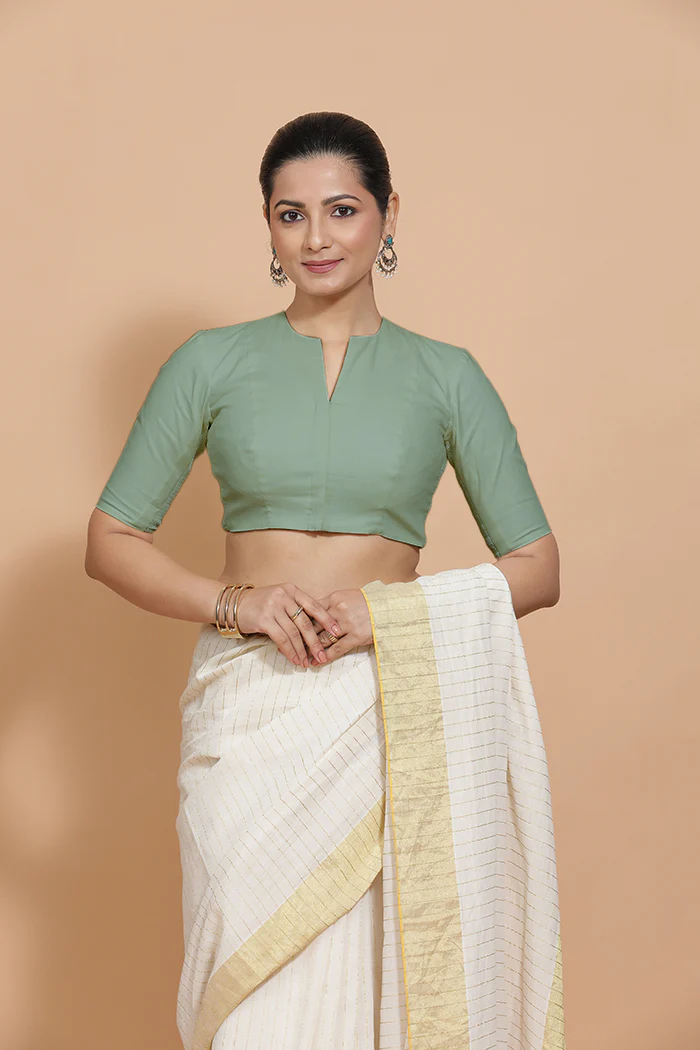 Kinal x Rozaana | Elbow Sleeves Saree Blouse in Peppermint Green Linen - Image 6
