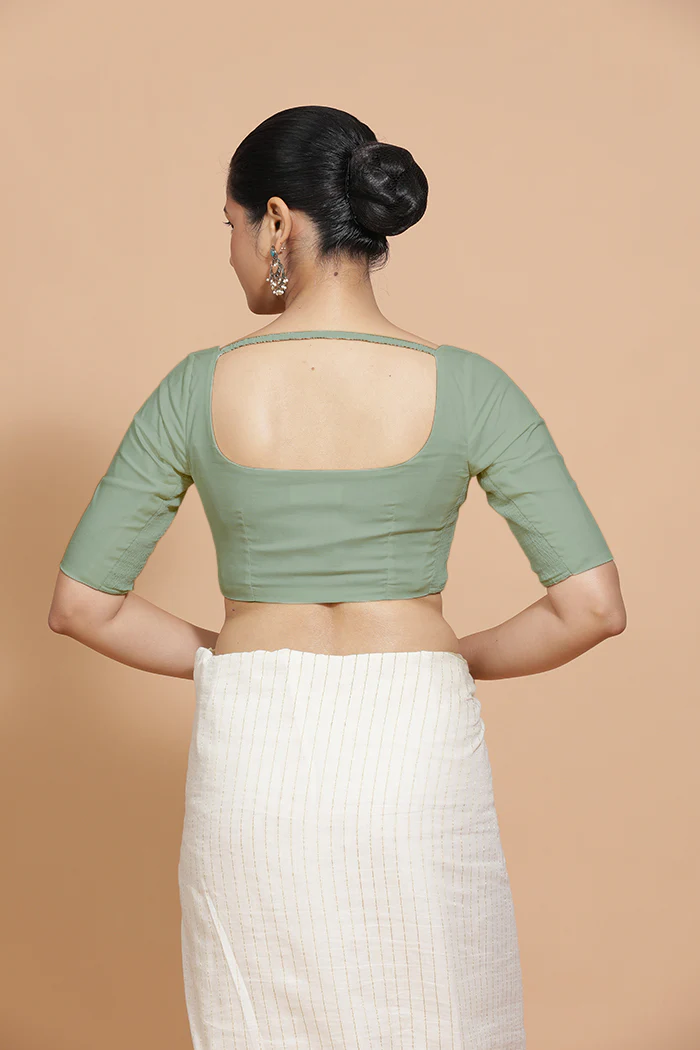 Lalita x Rozaana | Elbow Sleeves Saree Blouse in Peppermint Green Linen - Image 2