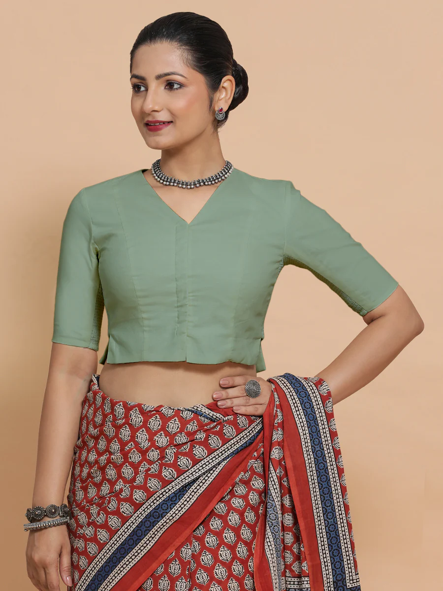 Rini x Rozaana | Elbow Sleeves Saree Blouse in Peppermint Green Linen