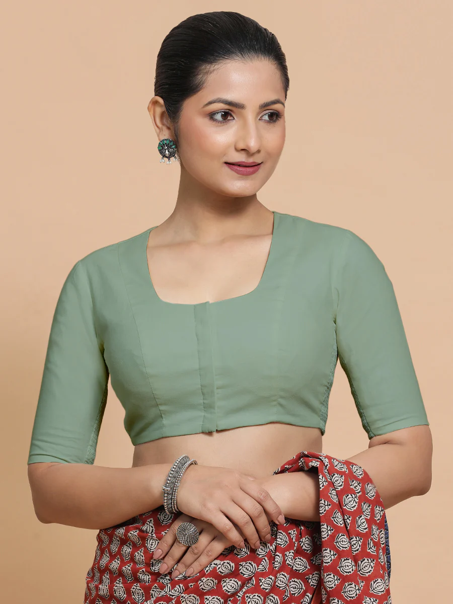 Sadia x Rozaana | Elbow Sleeves Saree Blouse in Peppermint Green Linen - Image 11
