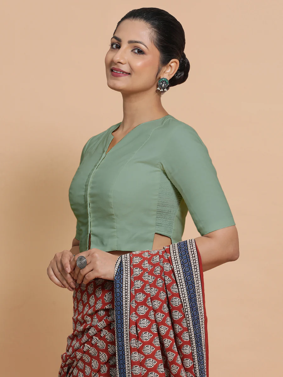 Seema x Rozaana | Elbow Sleeves Saree Blouse in Peppermint Green Linen - Image 5