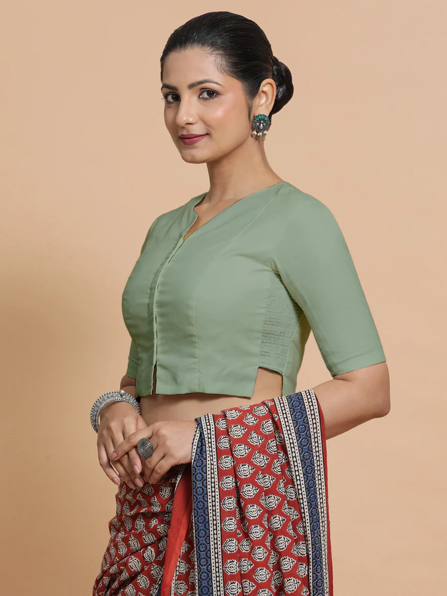 Seema x Rozaana | Elbow Sleeves Saree Blouse in Peppermint Green Linen - Image 7