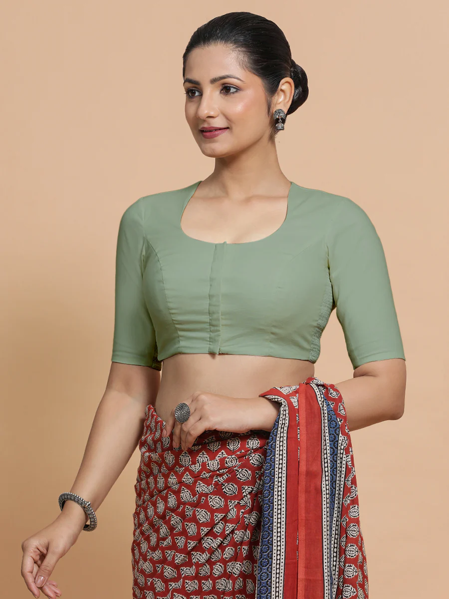 Shifa x Rozaana | Pot Neck Saree Blouse in Peppermint Green Linen - Image 6