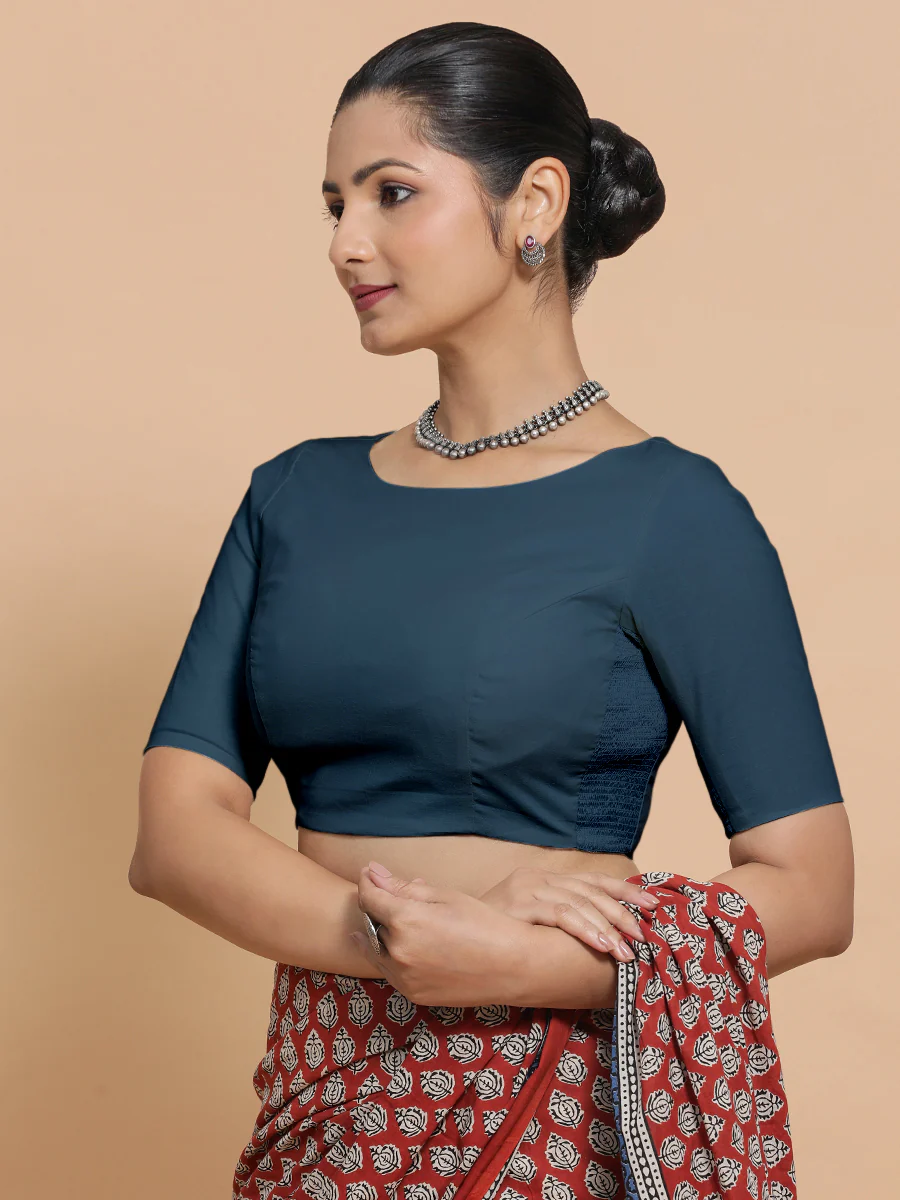 Alka x Rozaana | Boat Neck Saree Blouse in Regal Blue Linen
