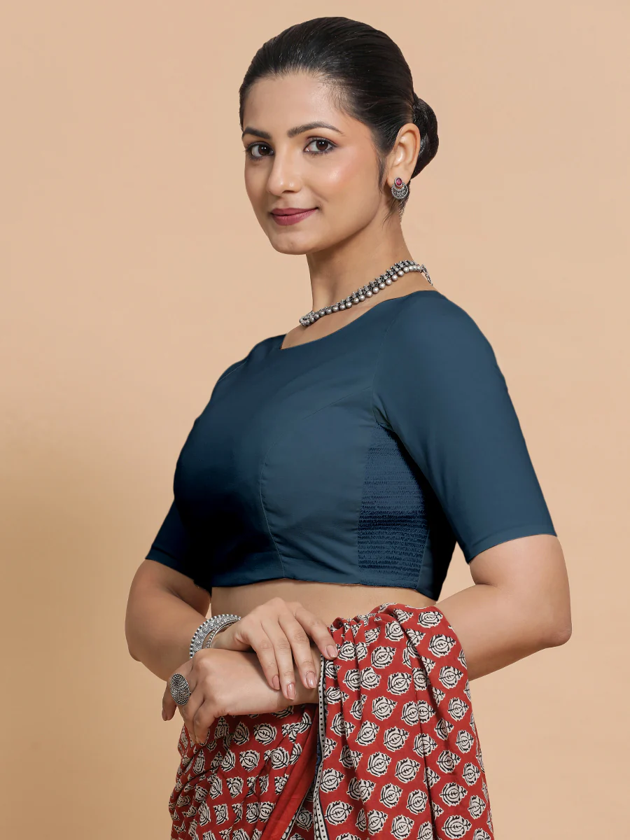 Alka x Rozaana | Boat Neck Saree Blouse in Regal Blue Linen - Image 5