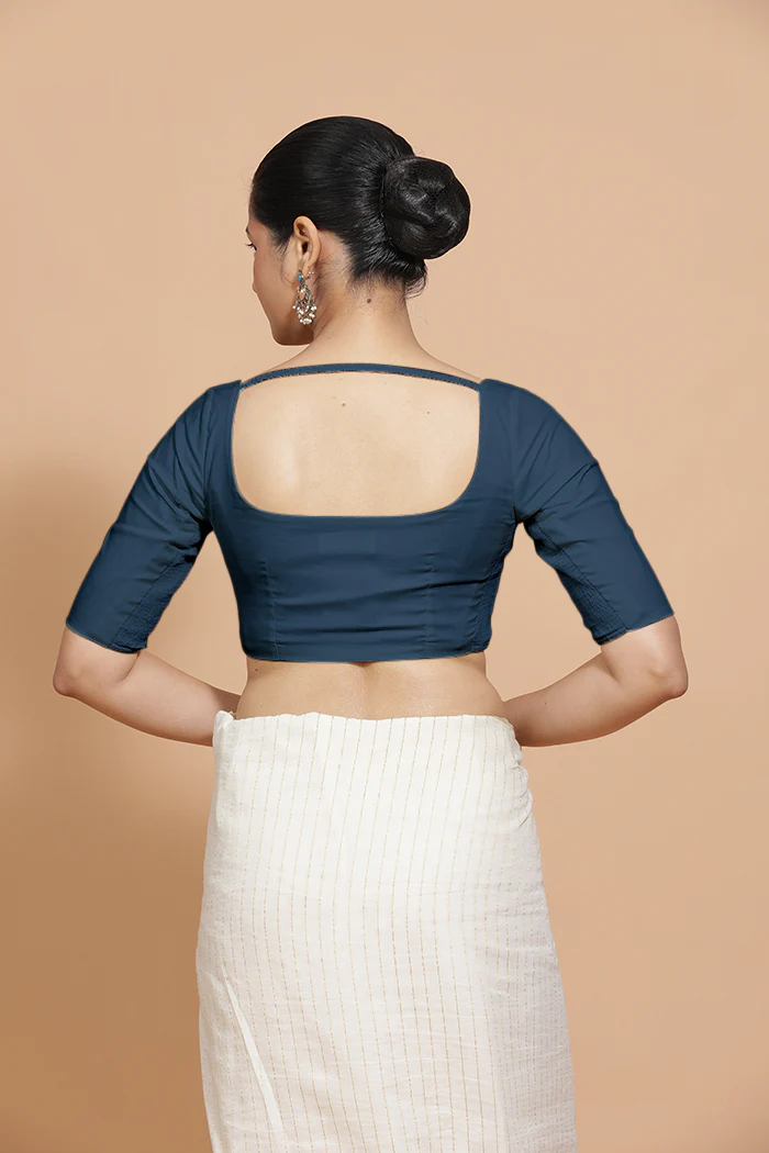 Lalita x Rozaana | Elbow Sleeves Saree Blouse in Regal Blue Linen - Image 2
