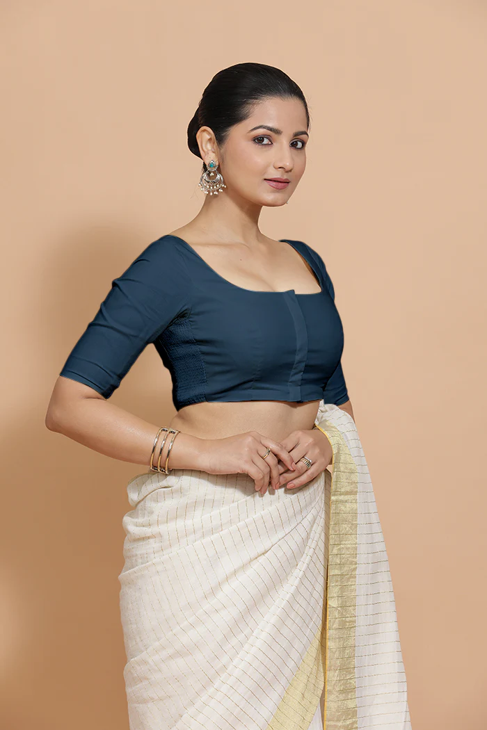 Lalita x Rozaana | Elbow Sleeves Saree Blouse in Regal Blue Linen - Image 9