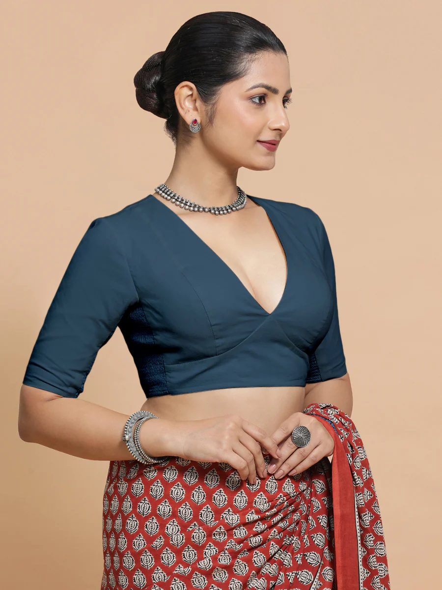 Malika x Rozaana | Deep Neck Saree Blouse in Regal Blue Linen - Image 10