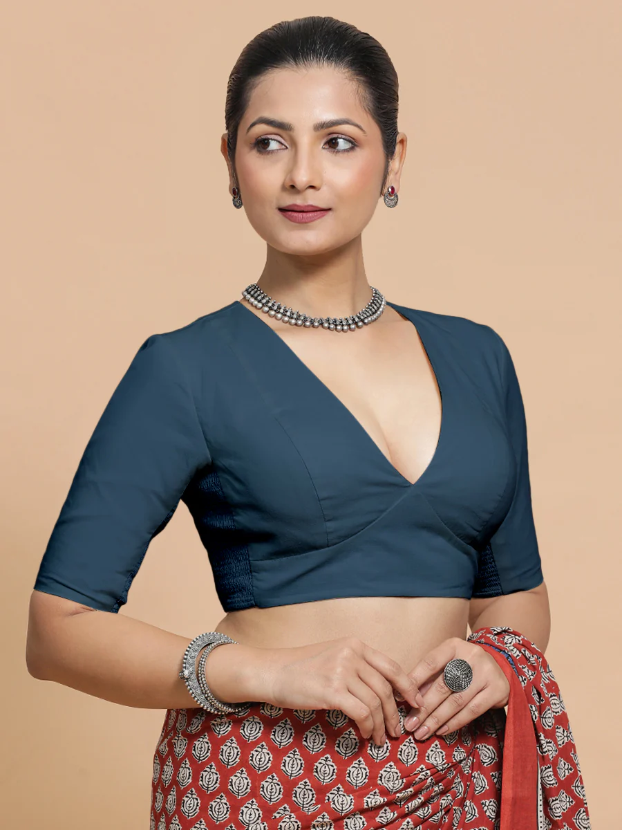 Malika x Rozaana | Deep Neck Saree Blouse in Regal Blue Linen - Image 11