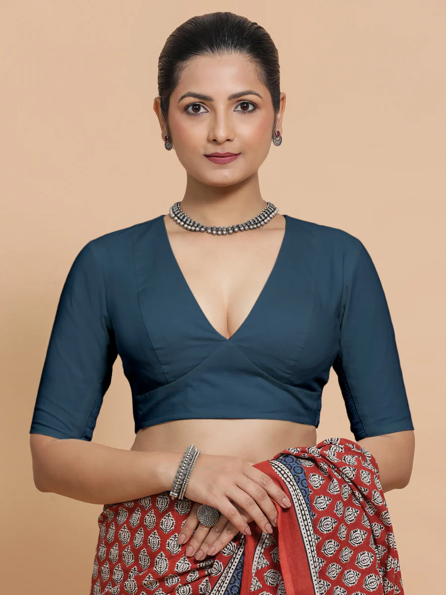 Malika x Rozaana | Deep Neck Saree Blouse in Regal Blue Linen - Image 6