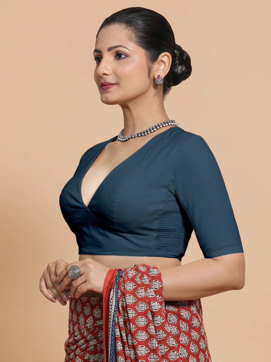 Malika x Rozaana | Deep Neck Saree Blouse in Regal Blue Linen - Image 9