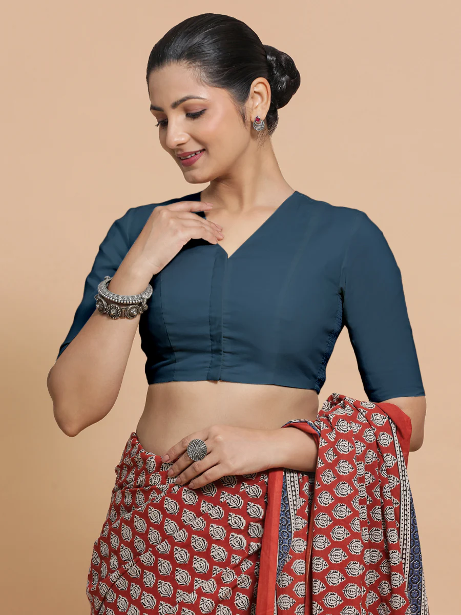 Nalani x Rozaana | Elbow Sleeves Saree Blouse in Regal Blue Linen - Image 7
