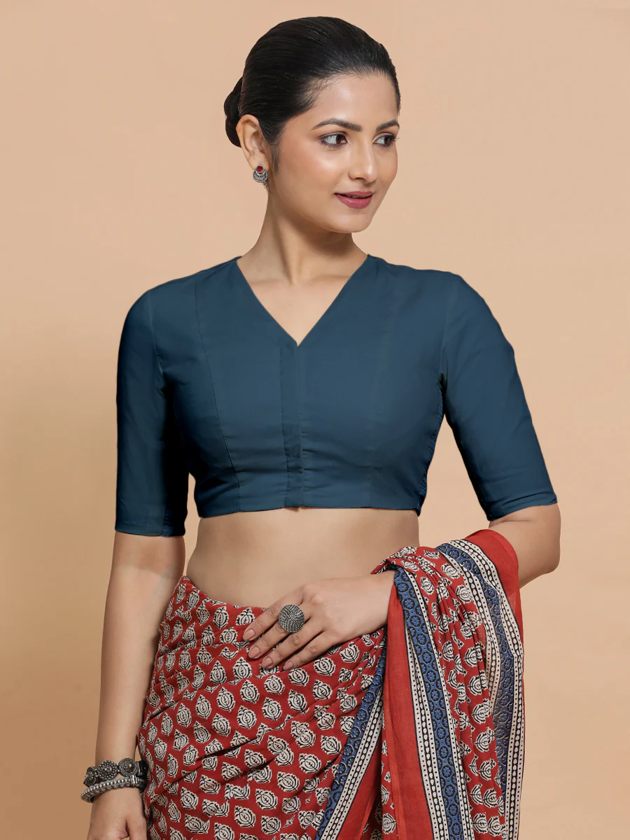 Nalani x Rozaana | Elbow Sleeves Saree Blouse in Regal Blue Linen - Image 9