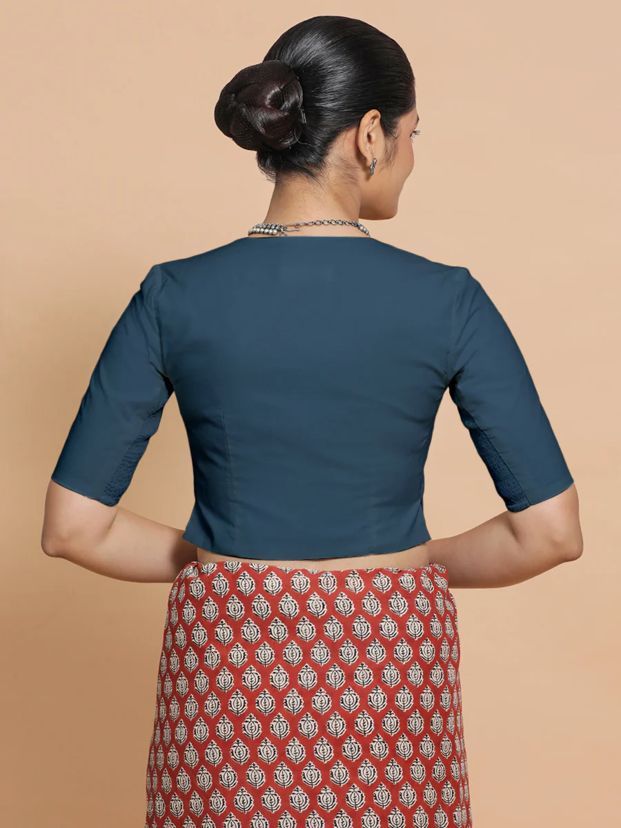 Rini x Rozaana | Elbow Sleeves Saree Blouse in Regal Blue Linen - Image 2