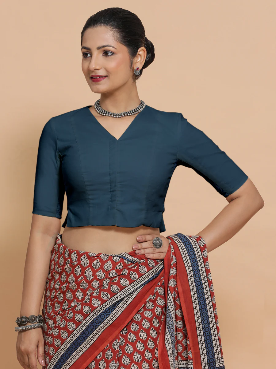 Rini x Rozaana | Elbow Sleeves Saree Blouse in Regal Blue Linen - Image 5