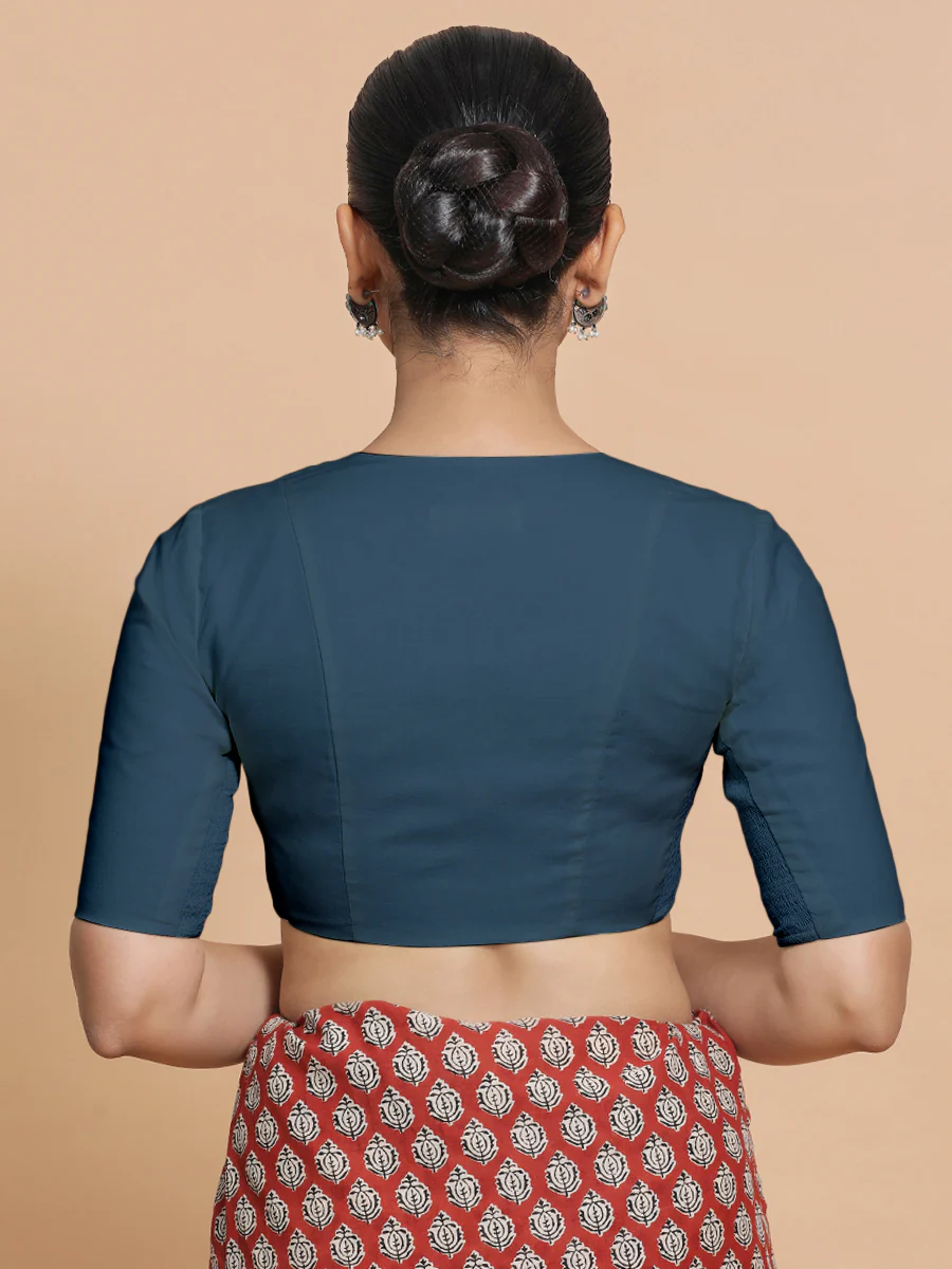 Sadia x Rozaana | Elbow Sleeves Saree Blouse in Regal Blue Linen - Image 2