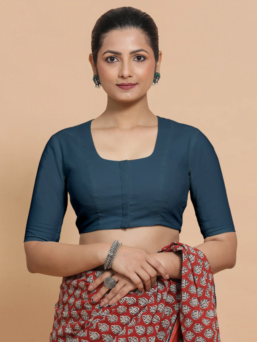 Sadia x Rozaana | Elbow Sleeves Saree Blouse in Regal Blue Linen - Image 5
