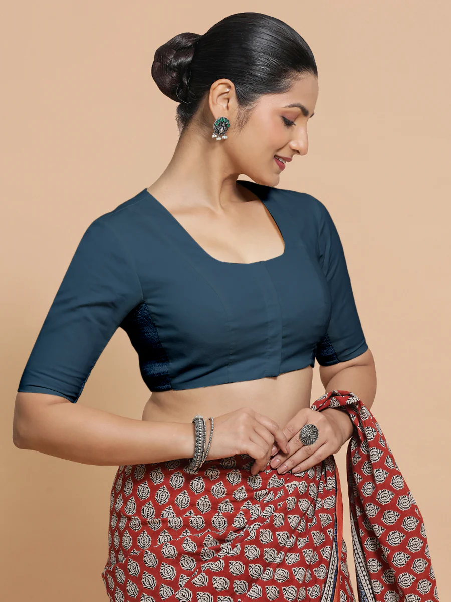 Sadia x Rozaana | Elbow Sleeves Saree Blouse in Regal Blue Linen - Image 7