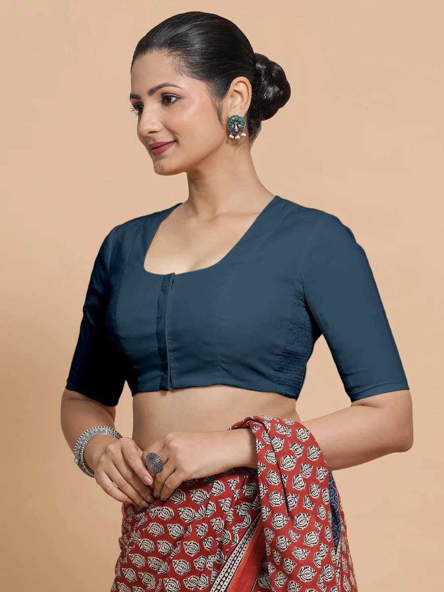 Sadia x Rozaana | Elbow Sleeves Saree Blouse in Regal Blue Linen - Image 8