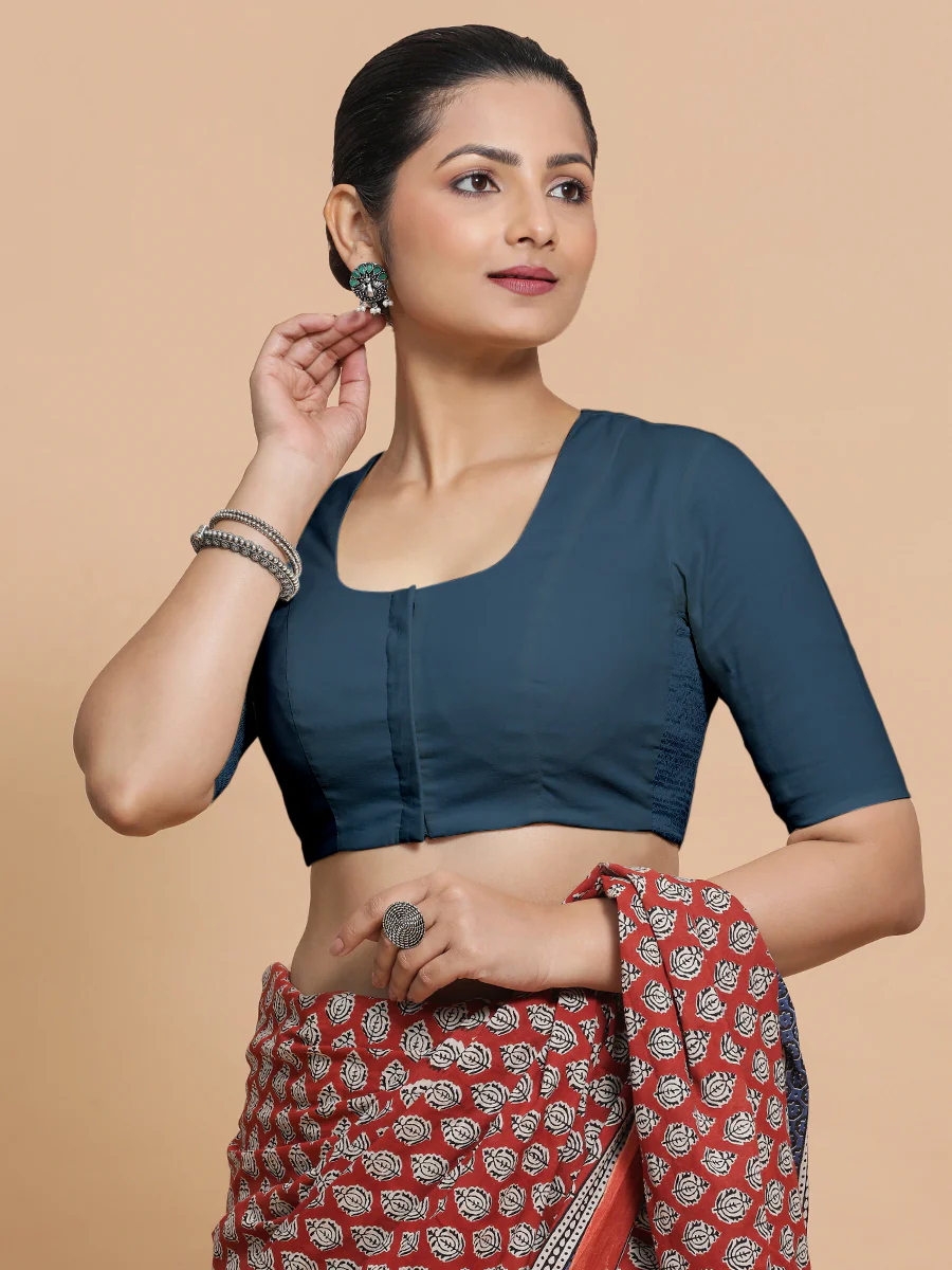 Sadia x Rozaana | Elbow Sleeves Saree Blouse in Regal Blue Linen - Image 9