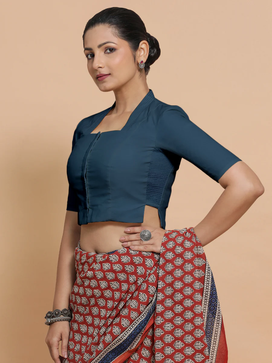 Saloni x Rozaana | Stylised Neck Saree Blouse in Regal Blue Linen - Image 5