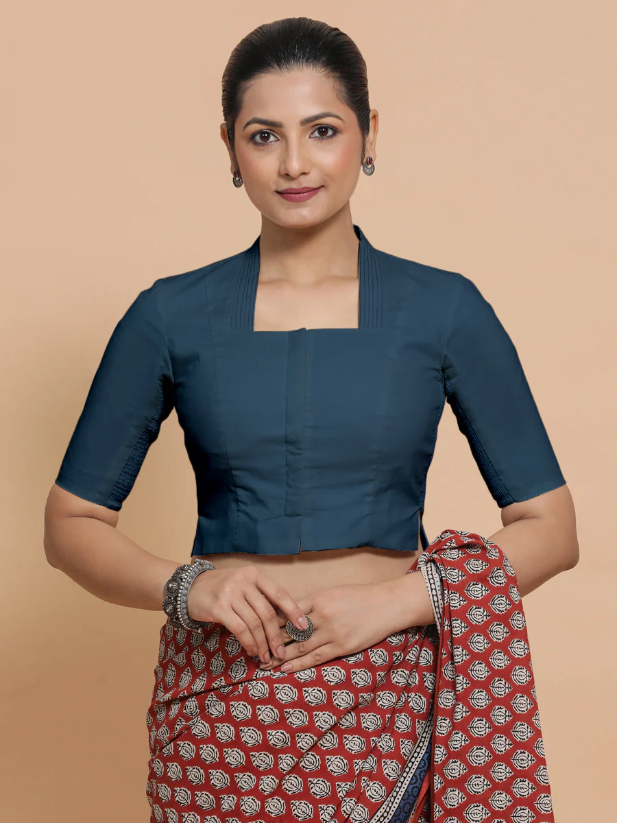Saloni x Rozaana | Stylised Neck Saree Blouse in Regal Blue Linen - Image 6
