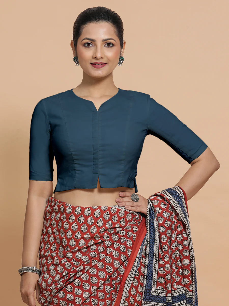 Seema x Rozaana | Elbow Sleeves Saree Blouse in Regal Blue Linen - Image 12