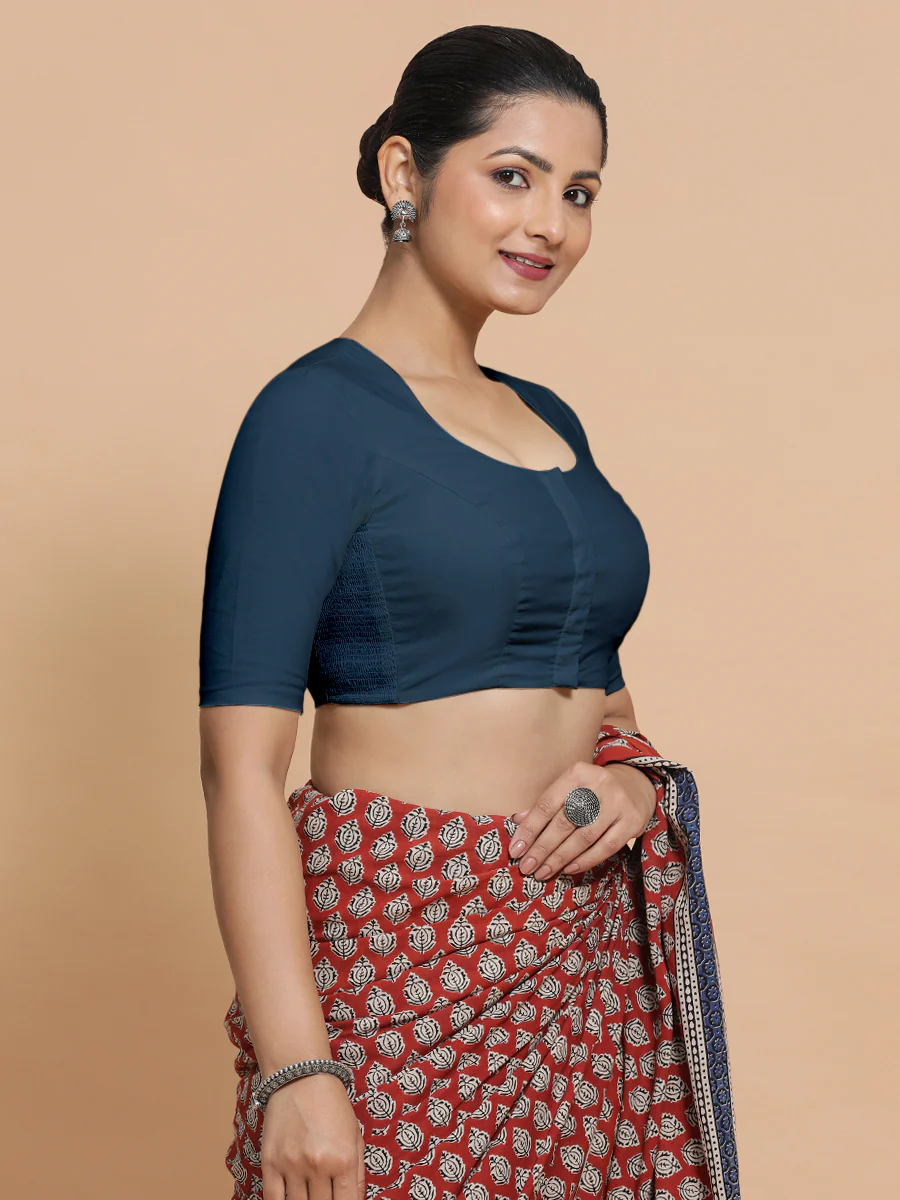 Shifa x Rozaana | Pot Neck Saree Blouse in Regal Blue Linen - Image 9