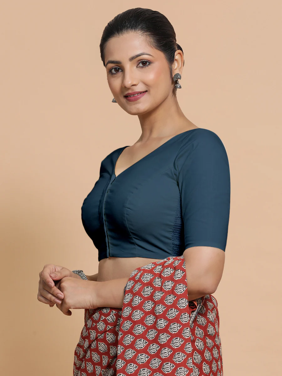 Sonia x Rozaana | Elbow Sleeves Saree Blouse in Regal Blue Linen - Image 9