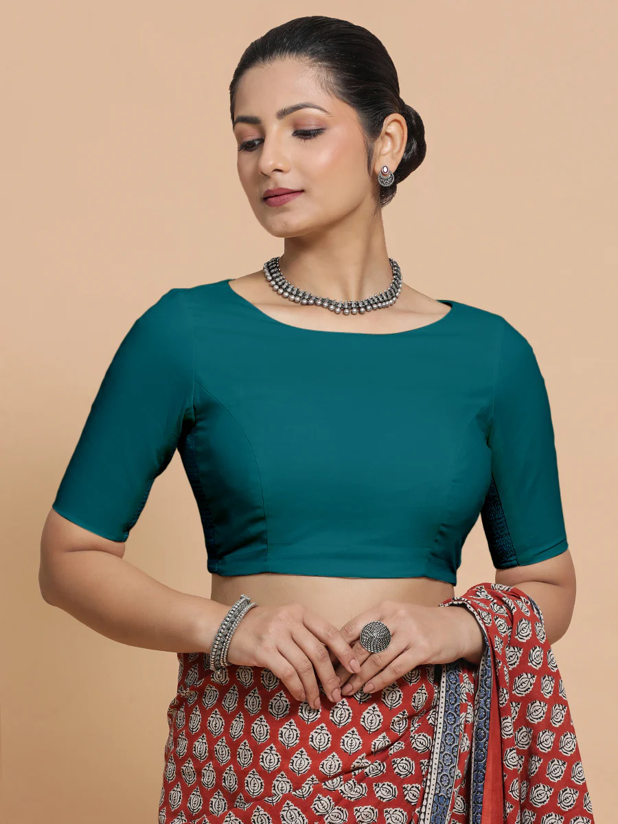 Alka x Rozaana | Boat Neck Saree Blouse in Teal Blue Linen - Image 11