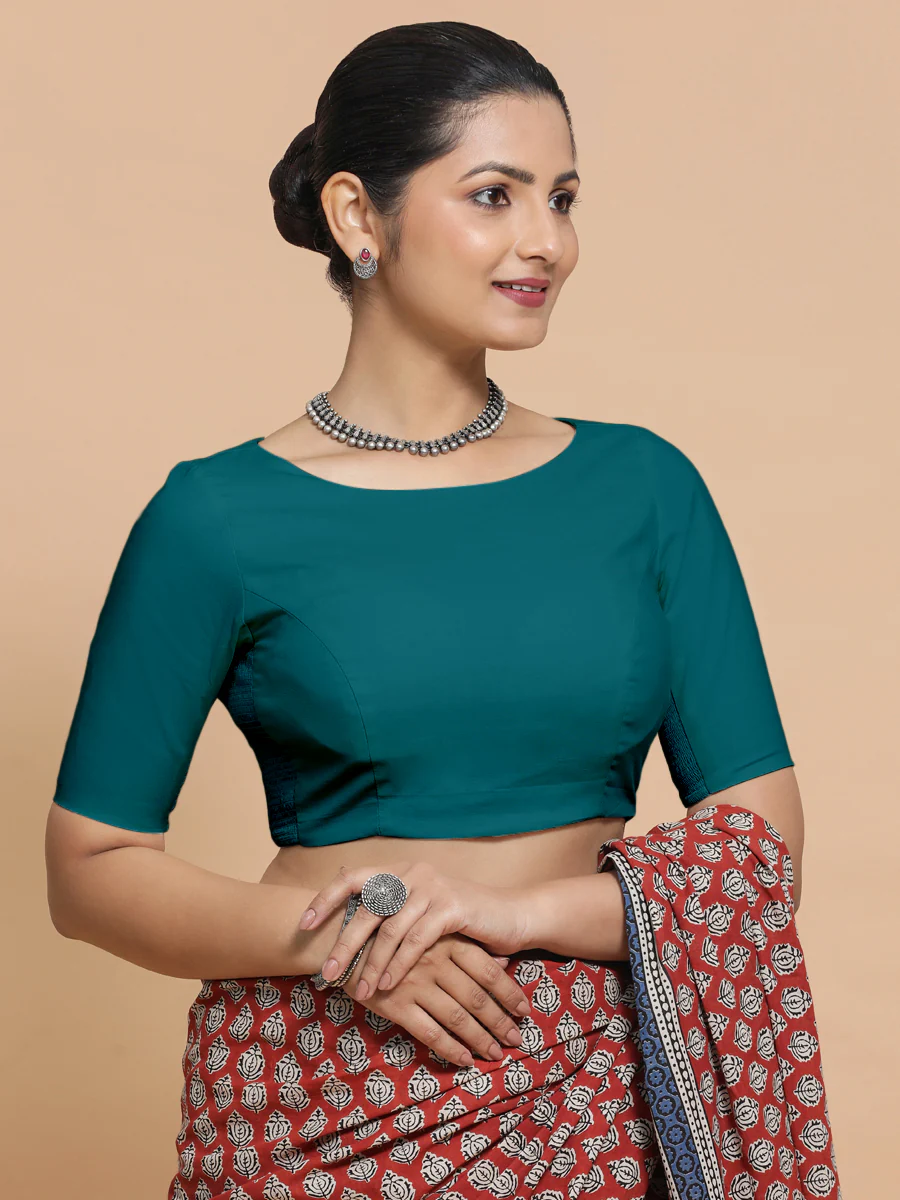Alka x Rozaana | Boat Neck Saree Blouse in Teal Blue Linen - Image 9