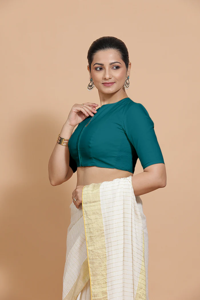 Kinal x Rozaana | Elbow Sleeves Saree Blouse in Teal Blue Linen - Image 5