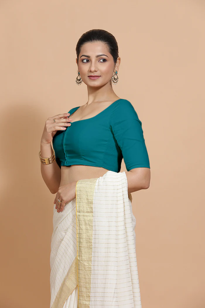 Lalita x Rozaana | Elbow Sleeves Saree Blouse in Teal Blue Linen - Image 5